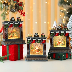 Three-piece Christmas fireplace musical water lanterns with Santa and warm LED lights