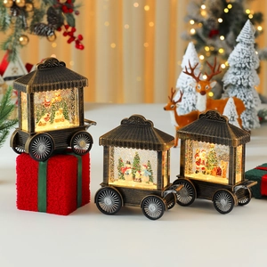 Three-piece retro bronze Christmas cart music boxes with swirling glitter and LED lights