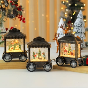 Three-piece retro bronze Christmas cart music box set with swirling snow and LED lights