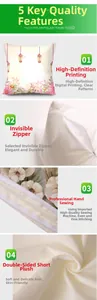Detail of short plush pillowcase with invisible zipper and floral digital print
