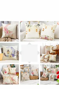 Detail of soft moon and floral print cushion covers on cream linen texture fabric