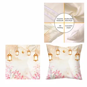 Square plush Ramadan cushion cover featuring gold moon print and invisible zipper detail