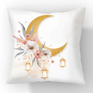 Kurzer Plüsch-Kissenbezug mit goldenem Mond und Blumen für Ramadan-Dekoration