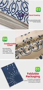 Detailed views of handmade linen pillow case stitching and ethnic printed fabric texture