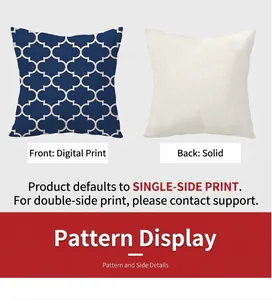 Close-up of ethnic blue Moroccan tile print on linen pillowcase with white reverse side