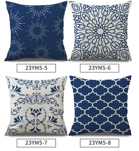 Linen ethnic pillowcase set with navy blue mandala and geometric tile print designs