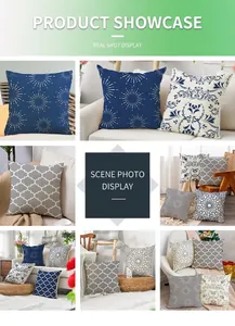 Detailed grid showing navy blue and grey linen cushion covers with ethnic geometric prints