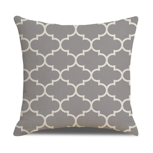 Square grey linen cushion cover with white Moroccan lattice print for sofa decor