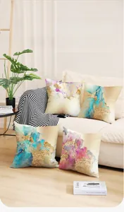Close-up of Nordic style short plush pillow covers with gold foil marble patterns