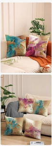 Close-up of Nordic marble pattern throw pillow with gold, teal, and purple artistic textures