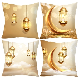Ramadan Eid Mubarak Decoratieve Kussensloop Korte Pluche Goud Maan Ster Lantaarn Patroon Vierkante Sierkussenhoes Voor Bank Woonkamer Huis Decoratie