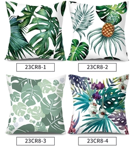 Four tropical leaf and flower patterns on plush pillow covers in a grid layout