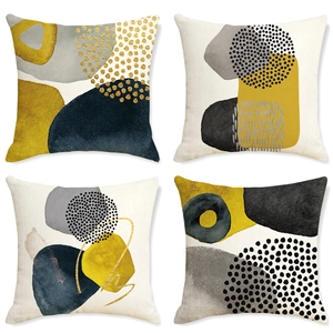 4er-Set Morandi Kissenbezüge mit abstrakter Geometrie in Senfgelb und Marineblau