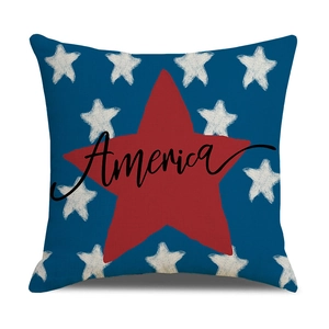 Detail of linen texture and American flag stars print on Independence Day pillow cover
