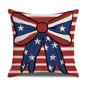 Detailed texture of square linen pillowcase with American flag bow and red stripes