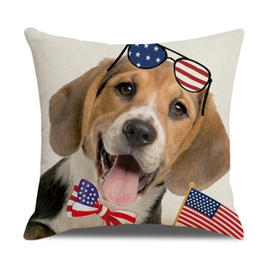 Detail of beagle printed pillow case with US flag elements on linen texture fabric
