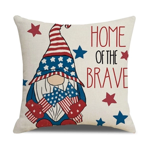 Close-up of linen pillow cover with American Independence Day gnome and art text