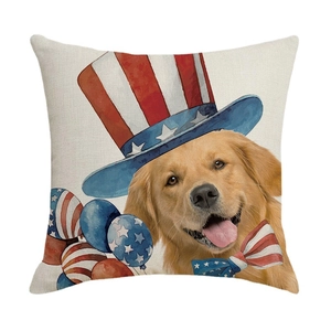 Golden Retriever pillow cover with American flag hat and balloons for July 4th decor