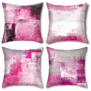 Set of 4 modern abstract art pillow covers with pink and grey brushstroke patterns