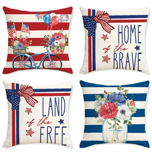 Detail of four linen cushion covers with Independence Day American flag and floral prints