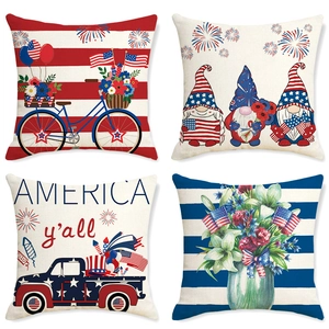 Set of 4 patriotic Independence Day linen pillow covers with vintage truck and bicycle