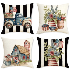 Set of 4 Independence Day linen pillow covers with vintage truck and American flag design