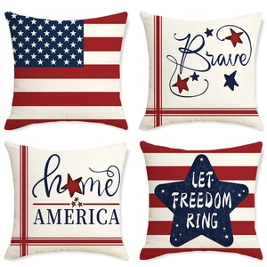 Set of four Independence Day linen pillow covers with patriotic American flag prints