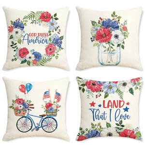 Set of four Independence Day linen pillow covers with patriotic prints on white background