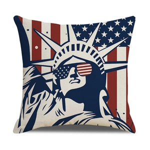Linen American Independence Day pillow cover featuring Statue of Liberty with US flag