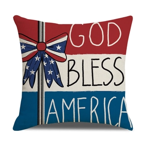 Linen Independence Day pillow case featuring God Bless America text and patriotic bow