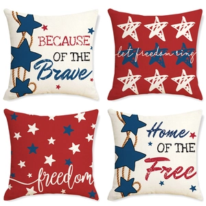 Set of four Independence Day linen throw pillow covers with red blue patriotic patterns