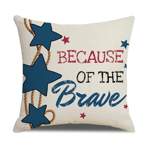 Independence Day linen pillowcase with 'BECAUSE OF THE Brave' text and star pattern