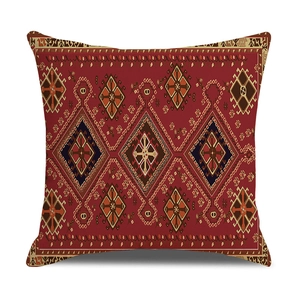 Detail of bohemian red cushion cover with intricate geometric diamond pattern print