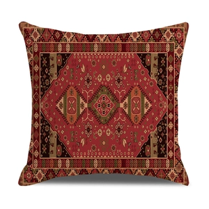 Close-up of Persian carpet pattern print on a square plush decorative throw pillow cover