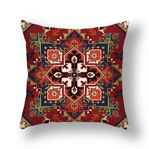 Macro view of detailed mandala pattern and plush texture on square Persian cushion cover