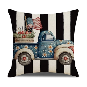 Federa in lino per Giorno dell'Indipendenza con camion blu vintage e bandiera USA