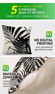 Detail view of tropical leaf print on linen cushion cover with invisible zipper