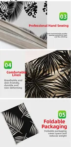 Detailed texture of linen pillowcase with black palm leaf print and neat edge stitching