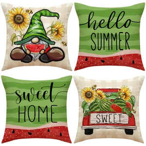Set of four summer watermelon and sunflower linen pillow covers for home sofa decor