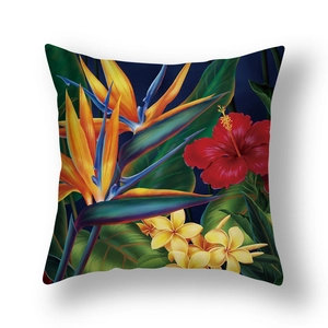 Detailed view of digital printing on tropical plant cushion cover with bird of paradise