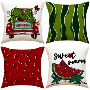 Detail showing four summer watermelon patterns on linen pillow covers with sweet summer text