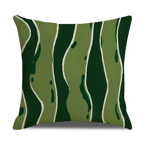 Detail of green wavy striped linen pillowcase with high-quality fabric texture