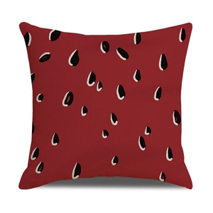 Detailed macro view of linen texture and watermelon seed print on the red cushion cover