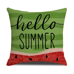 Detail of linen texture and Hello Summer watermelon print on a square pillow cover