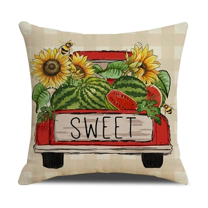 Linen summer cushion cover with red truck, sunflowers and watermelon graphic on plaid base