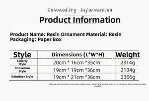 Size chart showing dimensions and weight for Santa, Snowman and Deer resin music boxes