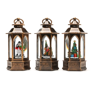 Three vintage Christmas lanterns with snowman and Santa scenes for home holiday decoration