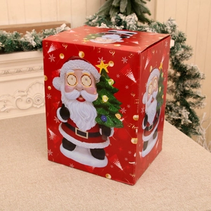 Macro detail of Santa Claus gift box featuring festive patterns and glowing eye elements