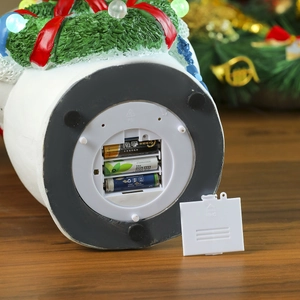 Detail of the battery compartment at the base of the musical Santa Claus resin ornament