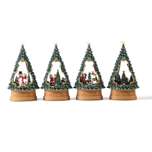 Set of 4 glowing musical Christmas tree ornaments with snow scenes and gold bases